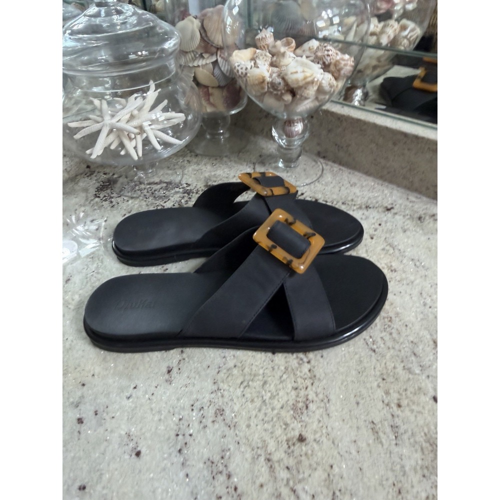 OluKai LA'I Slide Comfort Sandal Black Leather Tortoise Buckle Womens 9
